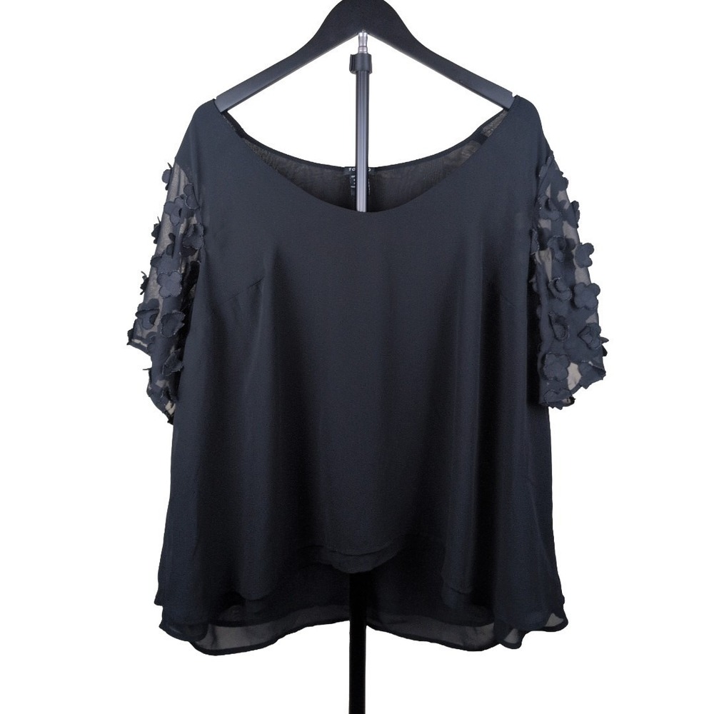 Torrid Black Chiffon Blouse With Flower‎ Applique Sleeves Size 1 or 14/16 Flaws